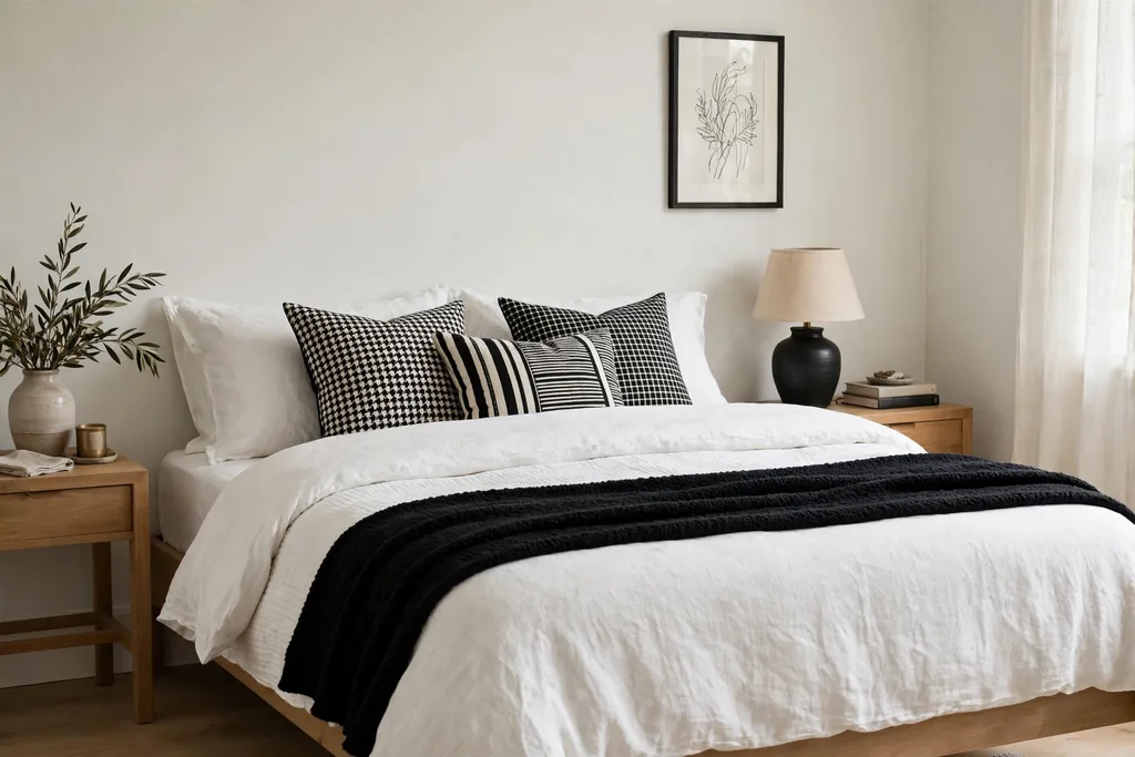 Bed with black and white bedding and a black throw at the foot.