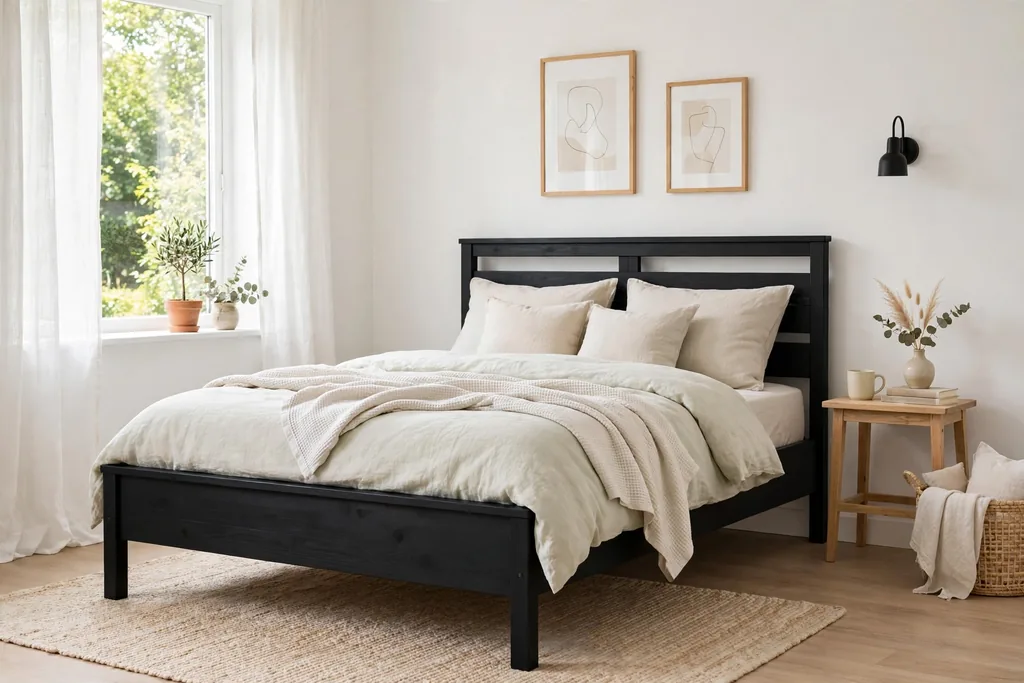 Matte black painted bed frame with pale bedding.