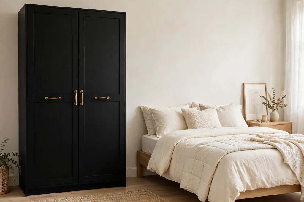 Black wardrobe with brass handles in a pale bedroom.