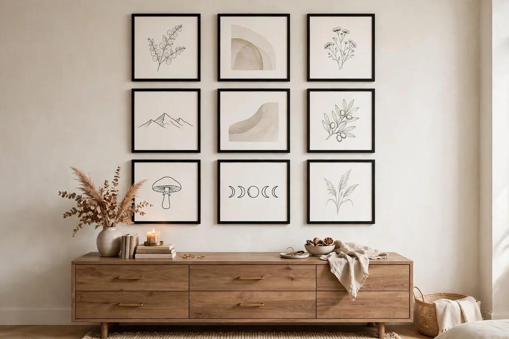 Grid of prints in black frames above a bedroom dresser.