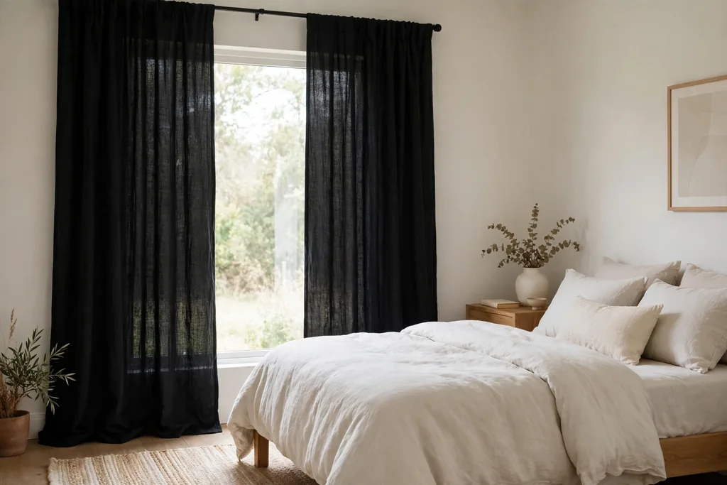 Bedroom window with long black linen curtains.