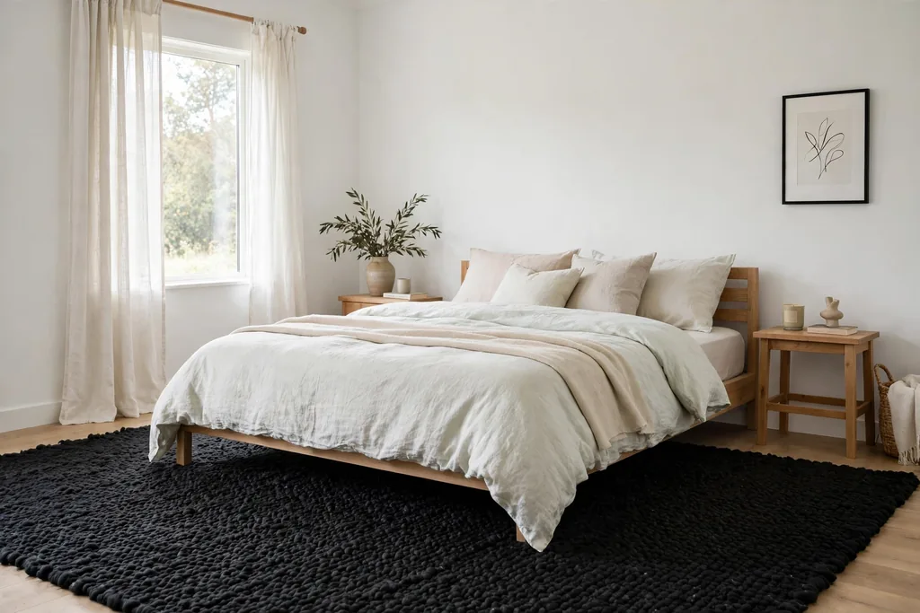 Textured black rug under a bed with pale bedding.