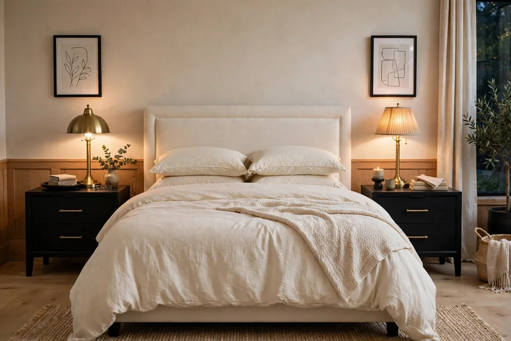 Black nightstands with brass lamps beside a bed.