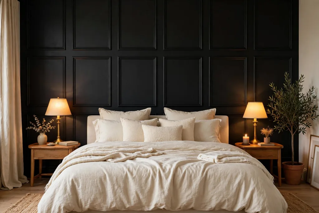 Black panel moulding wall behind a bed with cream bedding.
