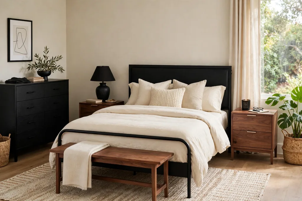 Black bedroom with warm walnut wood nightstands.