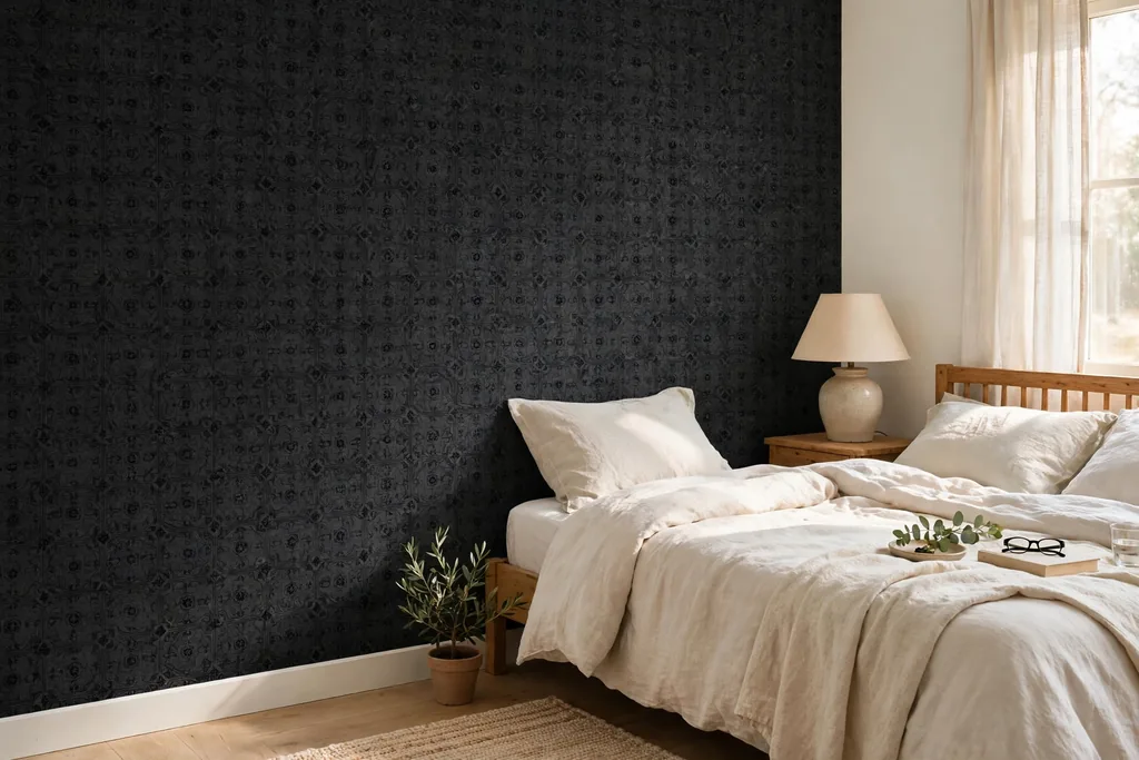 Bedroom wall with subtle black patterned wallpaper.