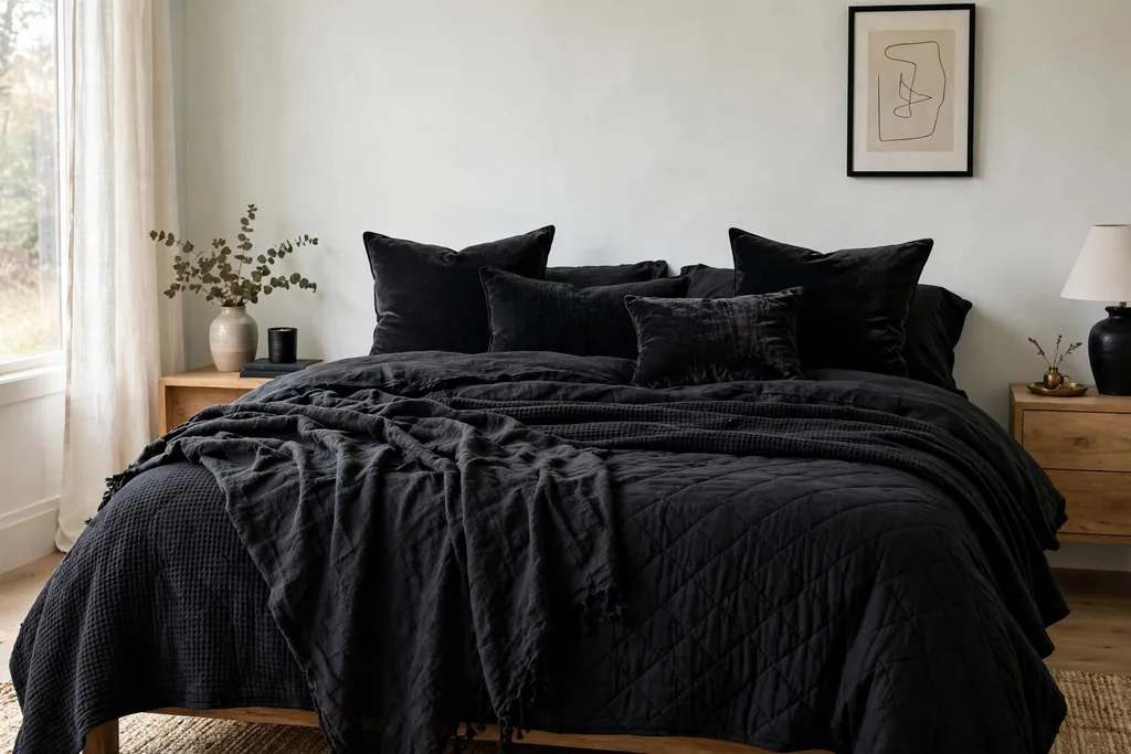 Bed dressed in all black bedding with mixed textures.