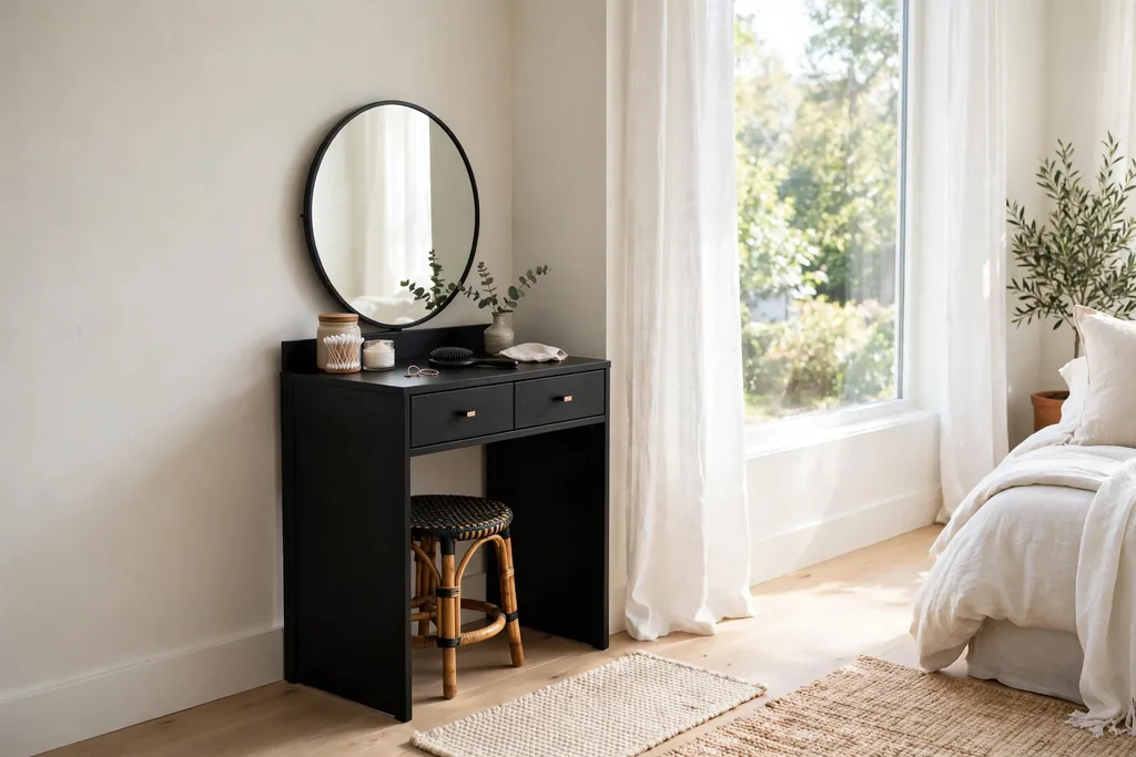 Black dressing table with a mirror in a bedroom corner.