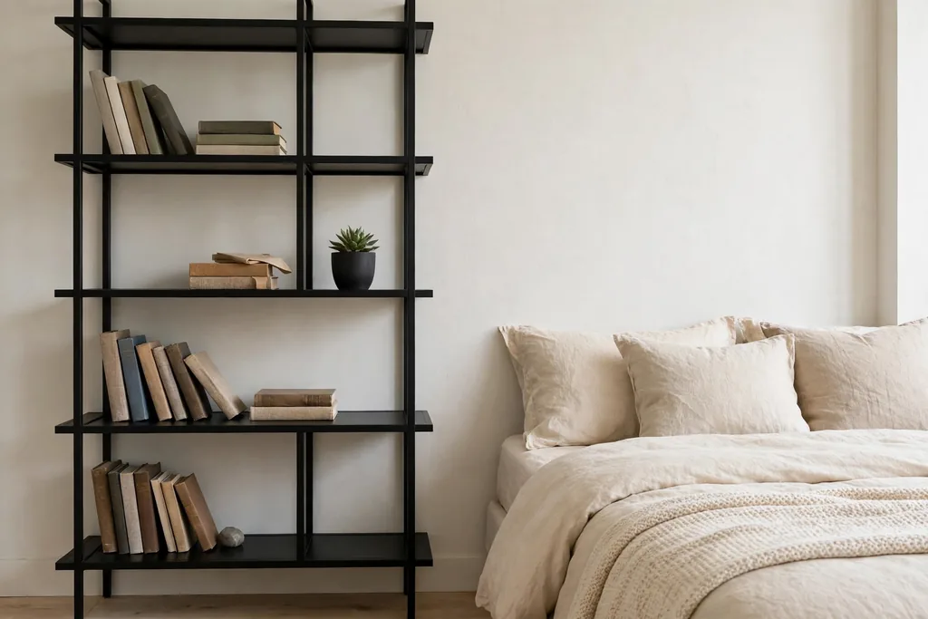 Black open shelves beside a bed with books and a plant.