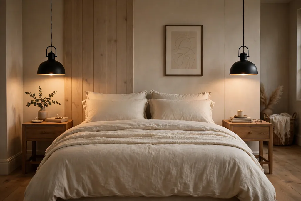Black pendant lights over bedside tables.