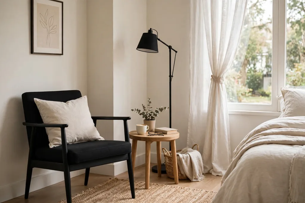 Black accent chair with a pale cushion in a bedroom corner.