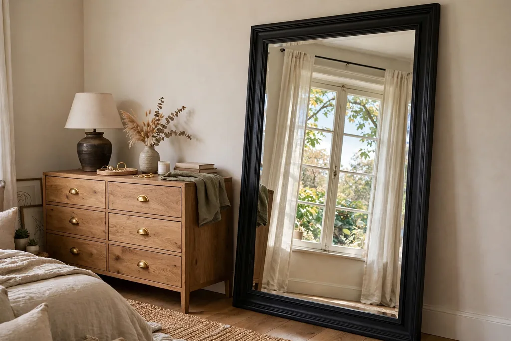 Large mirror in a black frame leaning against a bedroom wall.