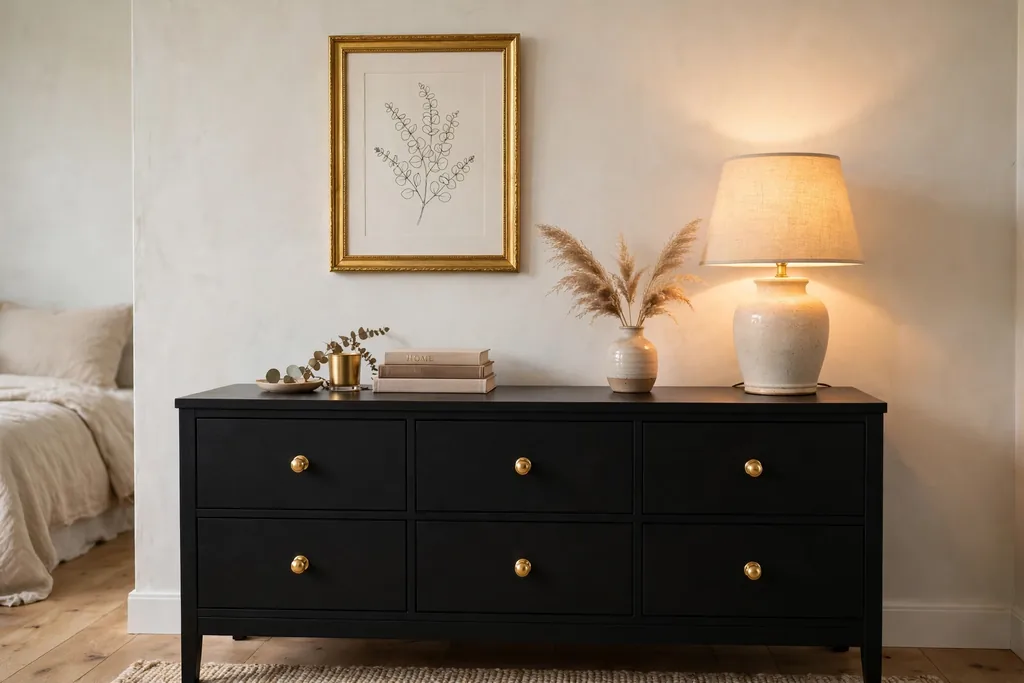 Black dresser with gold drawer pulls and a gold framed print.