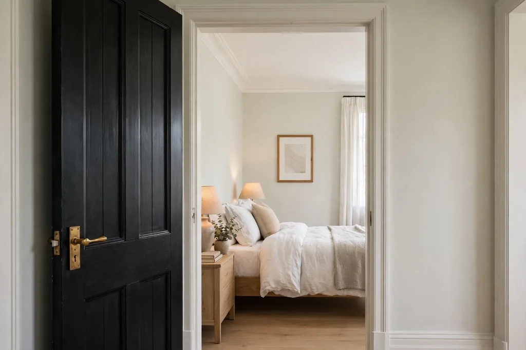 Bedroom door painted black with a brass handle.