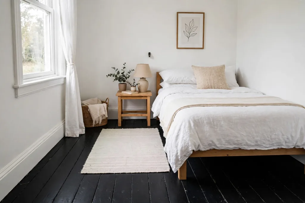 Small bedroom with black painted floorboards and a pale rug.