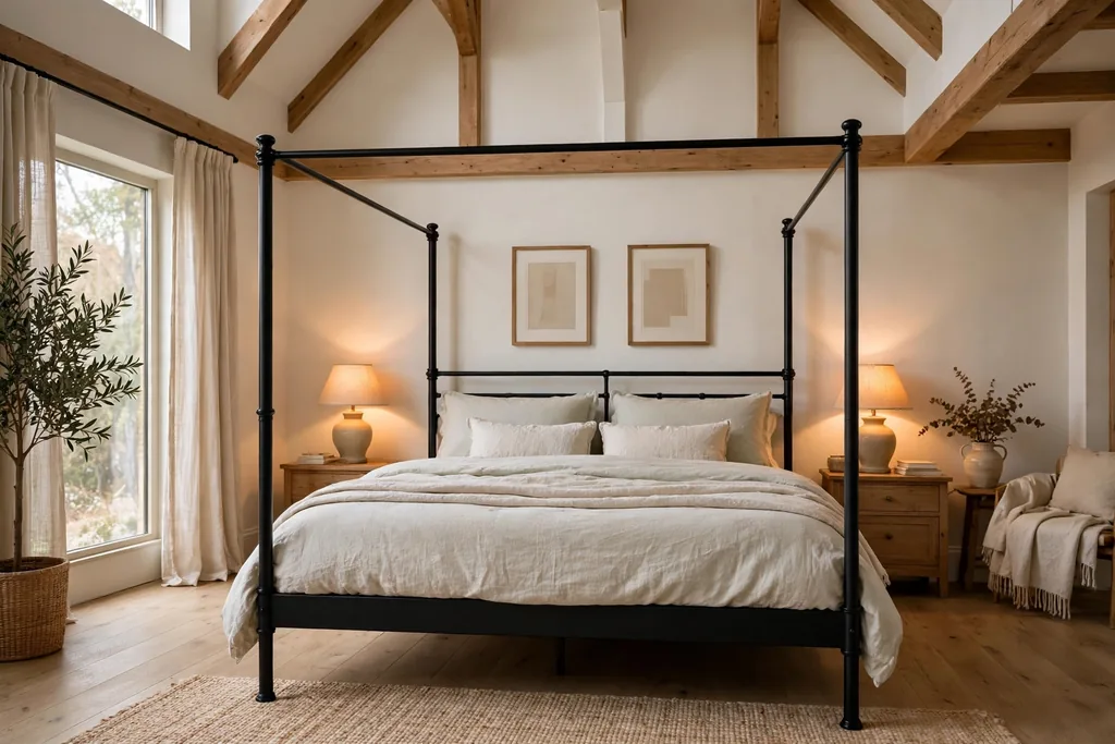 Black four poster bed frame with pale bedding.