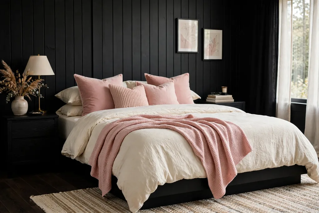 Black bedroom with blush cushions and a blush throw.