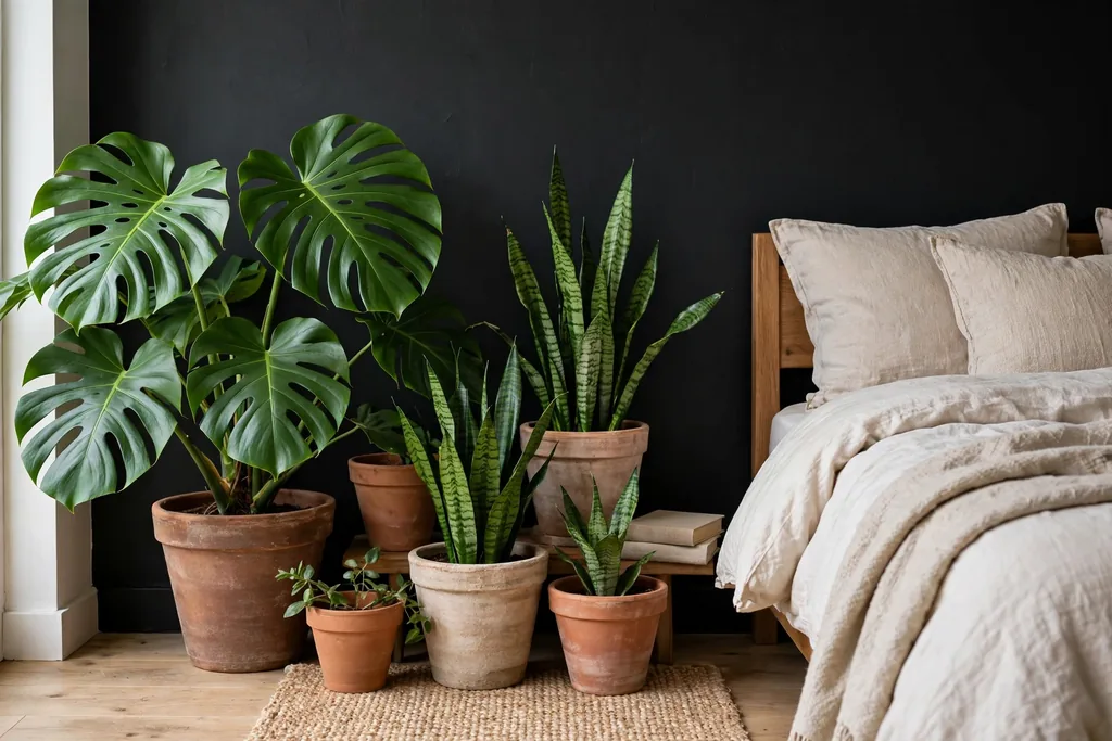 Green plants in clay pots against a black bedroom wall.