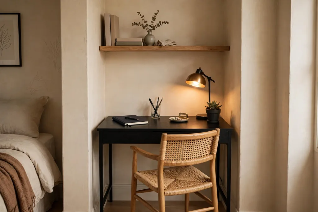 Small black desk nook in a bedroom alcove.