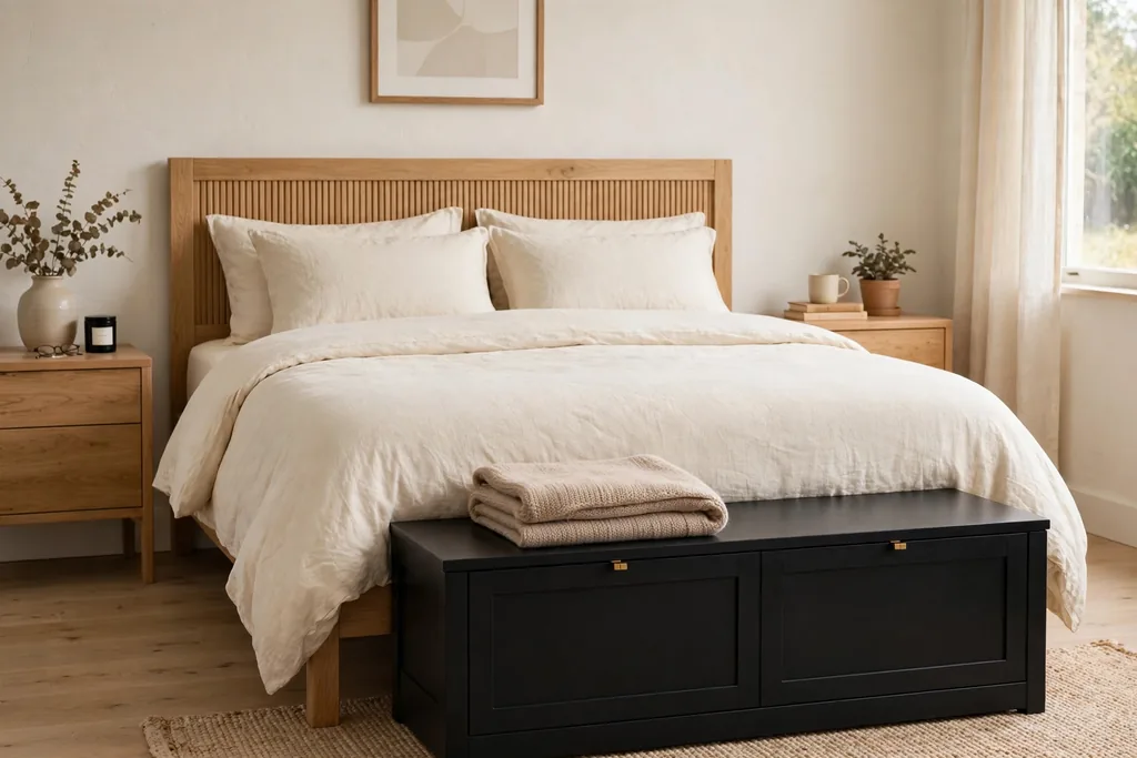 Black storage bench at the foot of a bed.