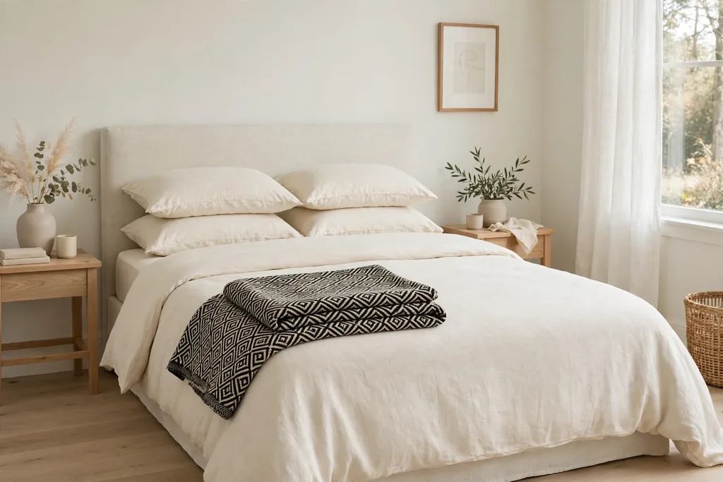Bed with a black geometric patterned throw at the foot.