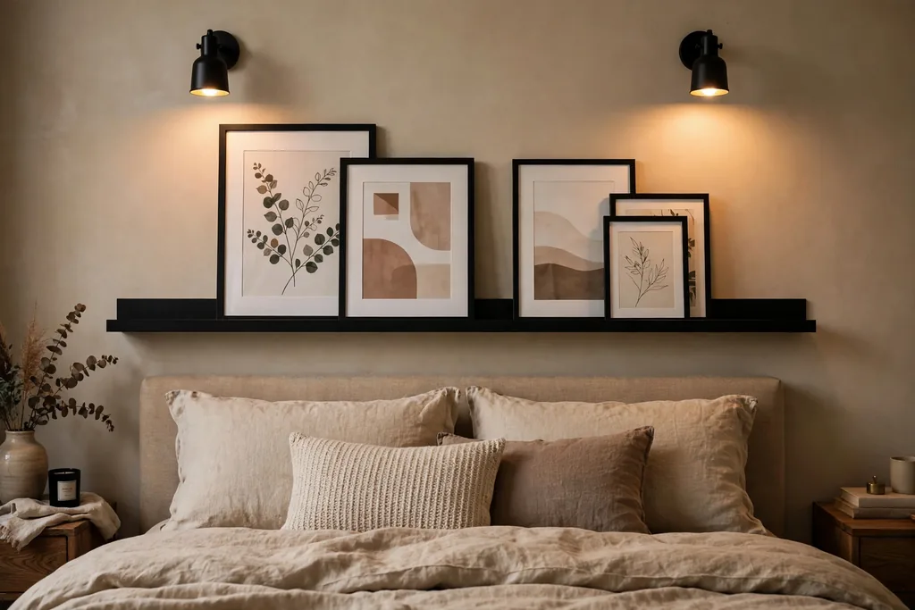 Black picture ledge with layered frames and wall sconces.