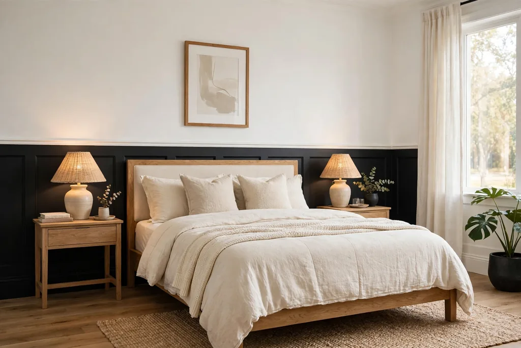 Bedroom with a black lower wall and white upper walls.