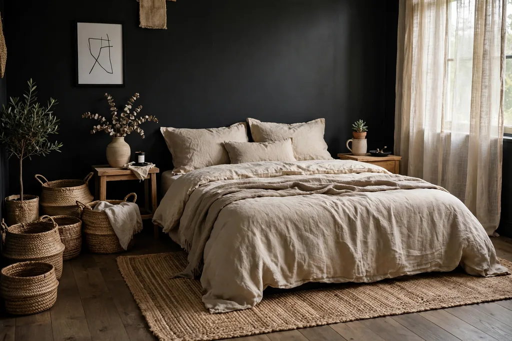 Black bedroom with natural linen bedding and a jute rug.