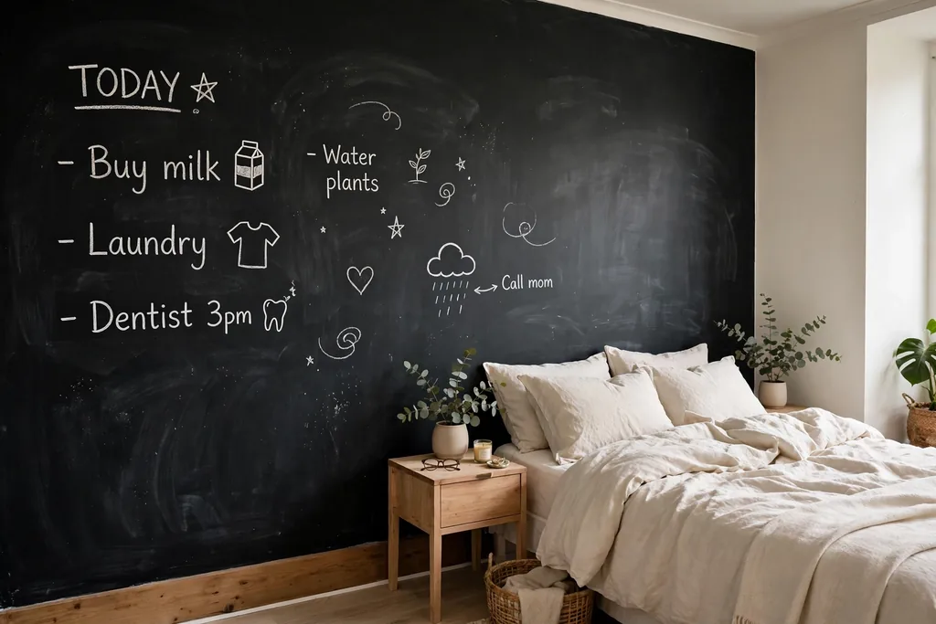 Bedroom wall painted as a black chalkboard with chalk notes.
