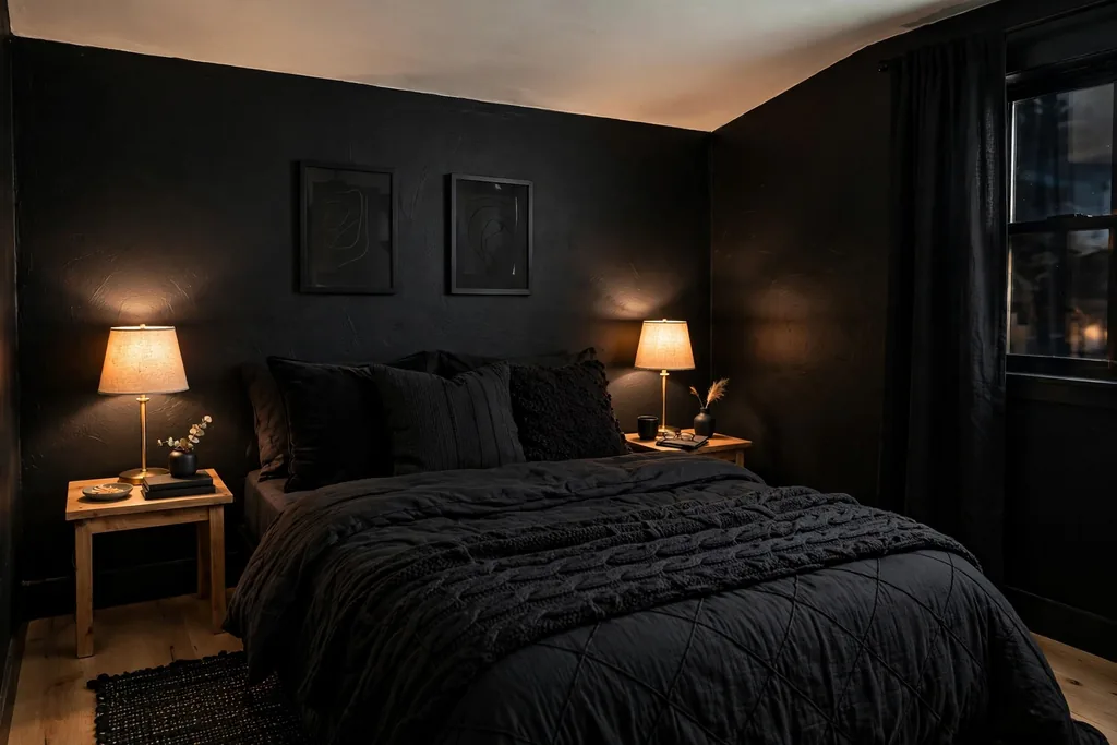 Small bedroom with all black walls and warm lamps.