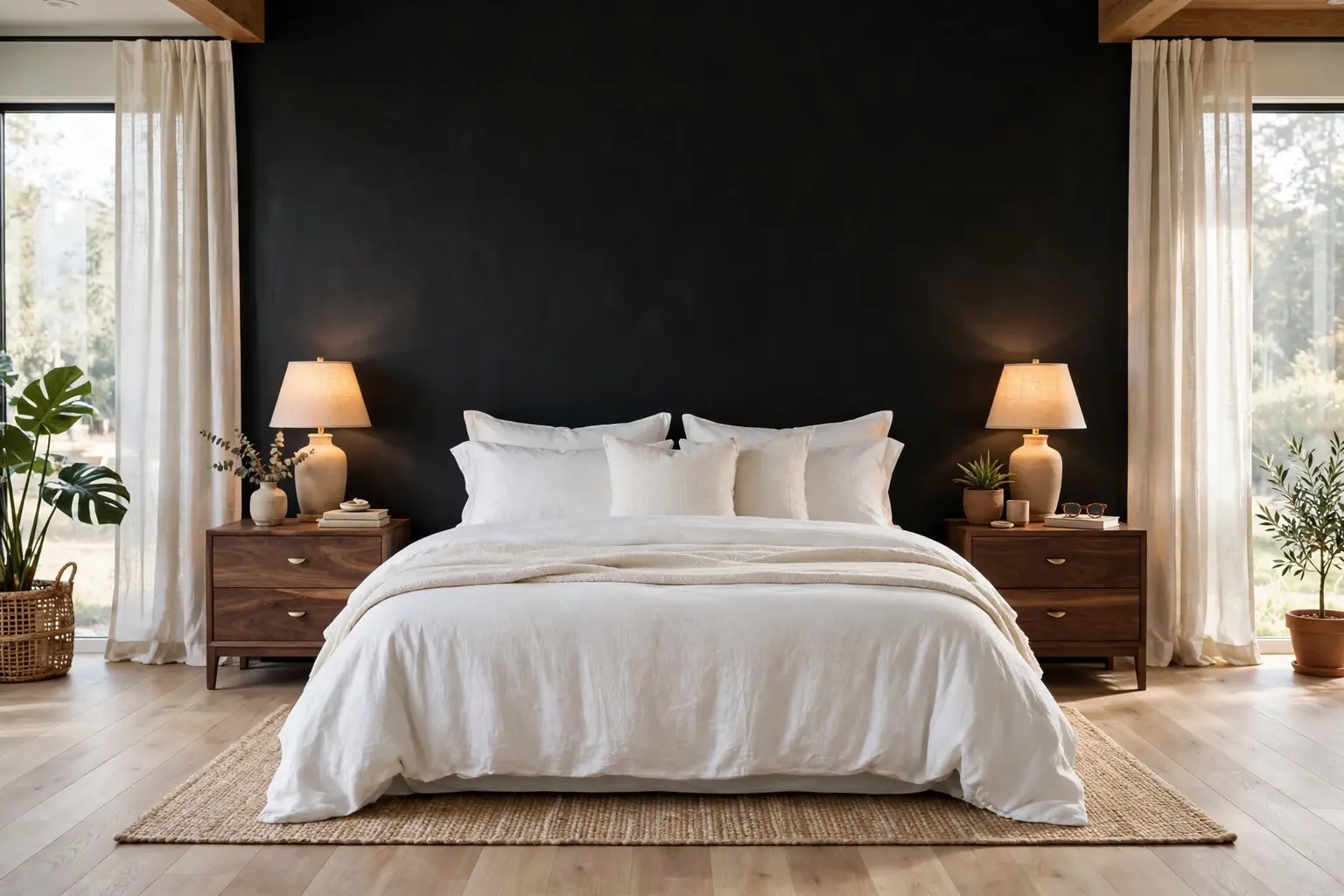 Wide bedroom with a matte black accent wall, white bedding, and warm wood nightstands in soft daylight.