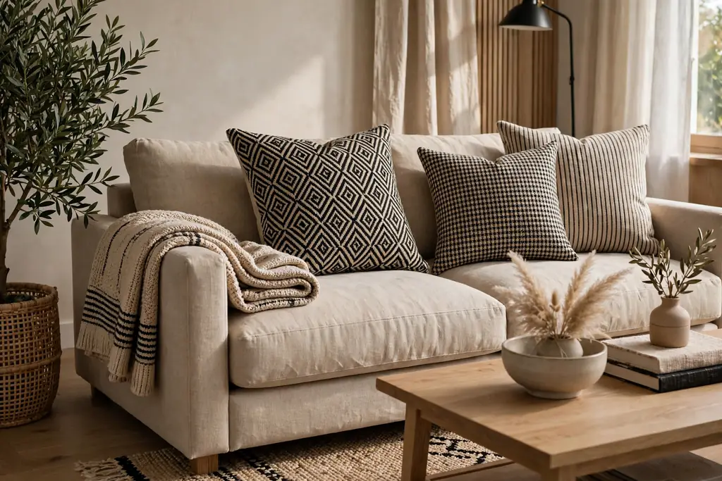 Sofa with mixed black and beige patterned cushions and a folded throw.