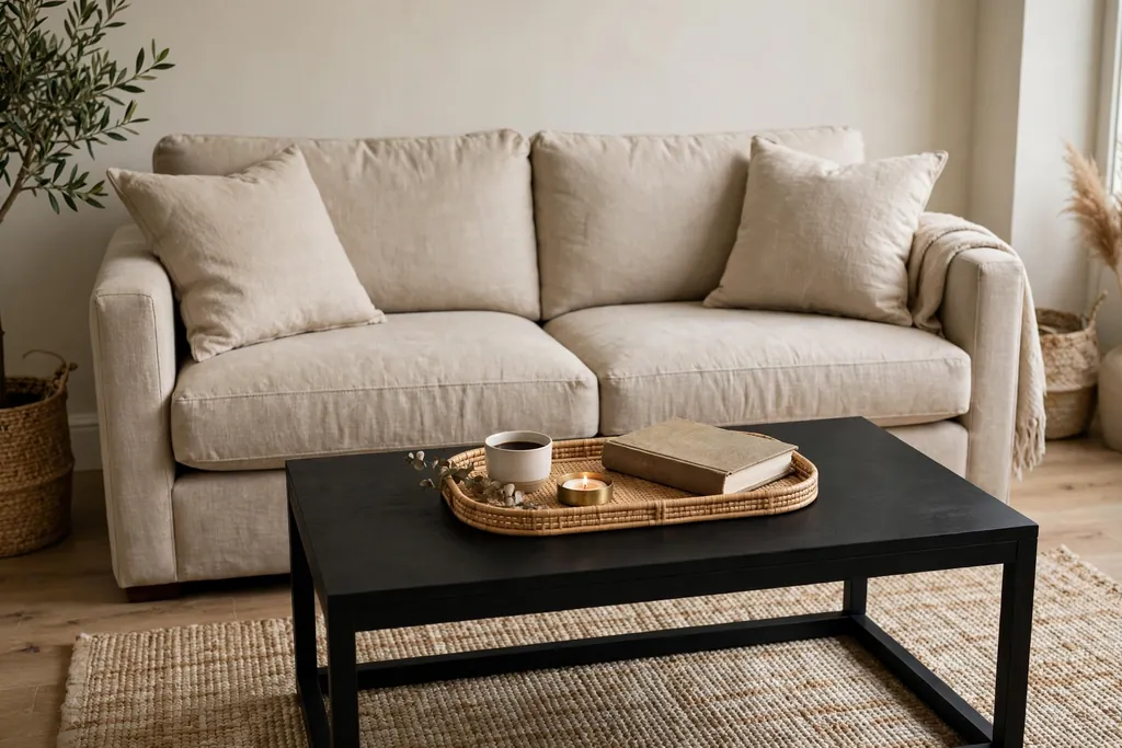 Black coffee table in front of a beige sofa with a tray and a book.