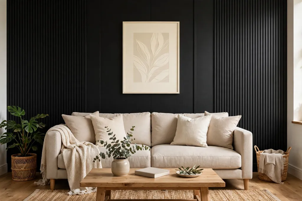 Black feature wall behind a beige sofa with a cream framed print.