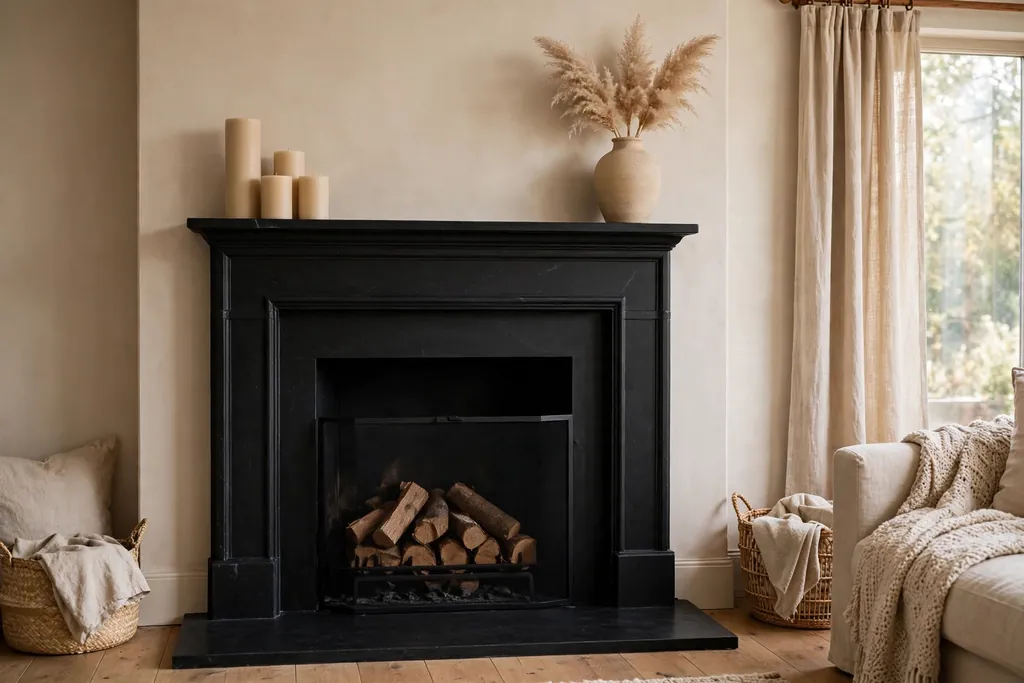 Black fireplace surround styled with beige candles and a beige vase on the mantel.