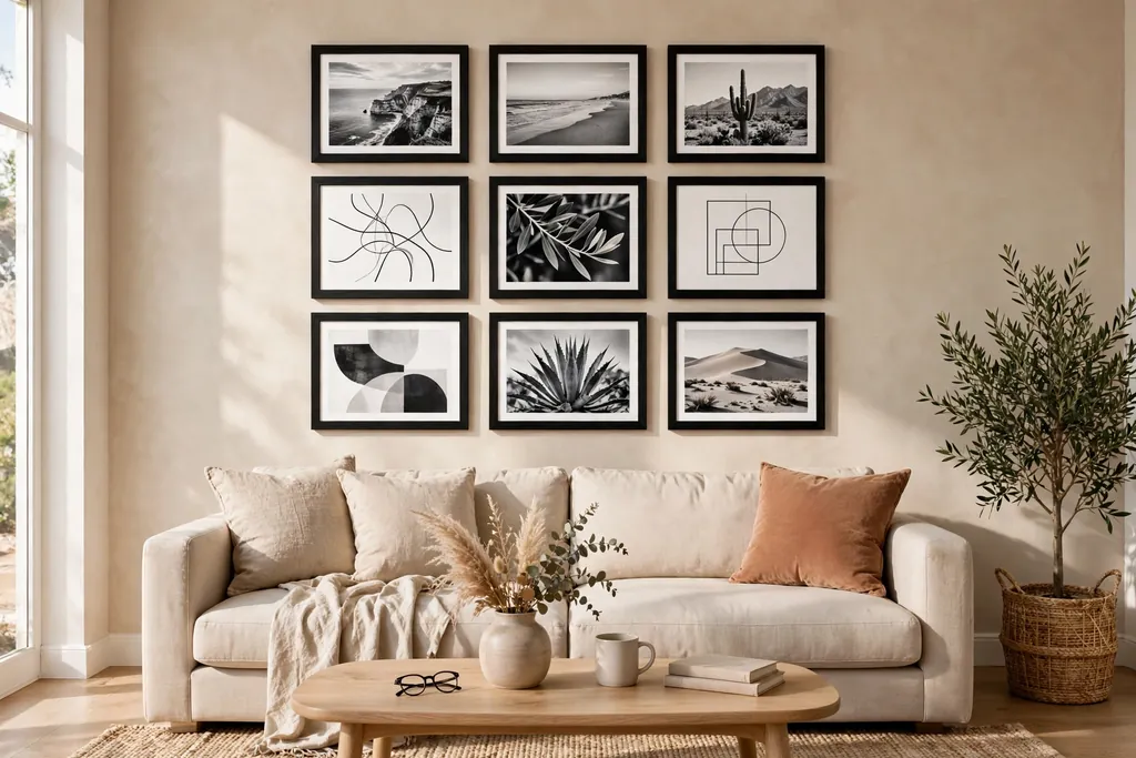 Gallery wall in black frames on a beige wall above a sofa.