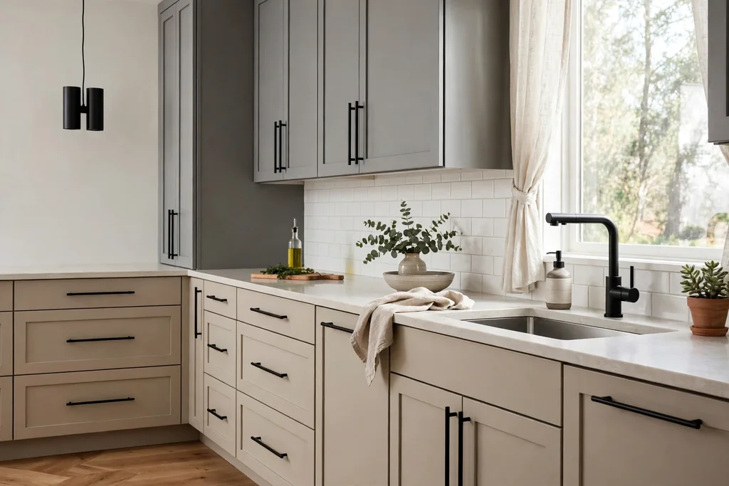 Grey and beige cabinets with matte black hardware.
