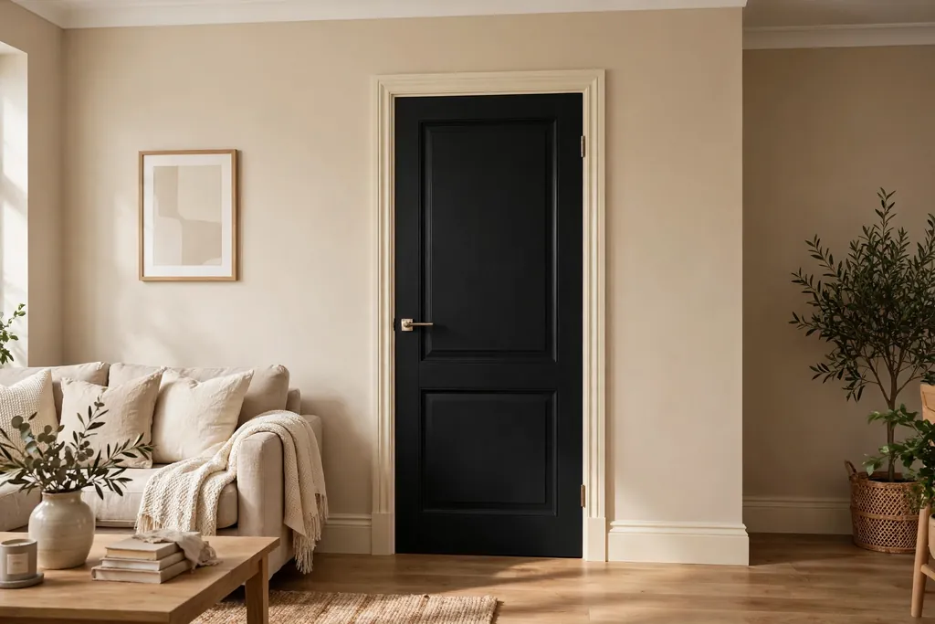 Black interior door with beige walls and cream trim in a living room.