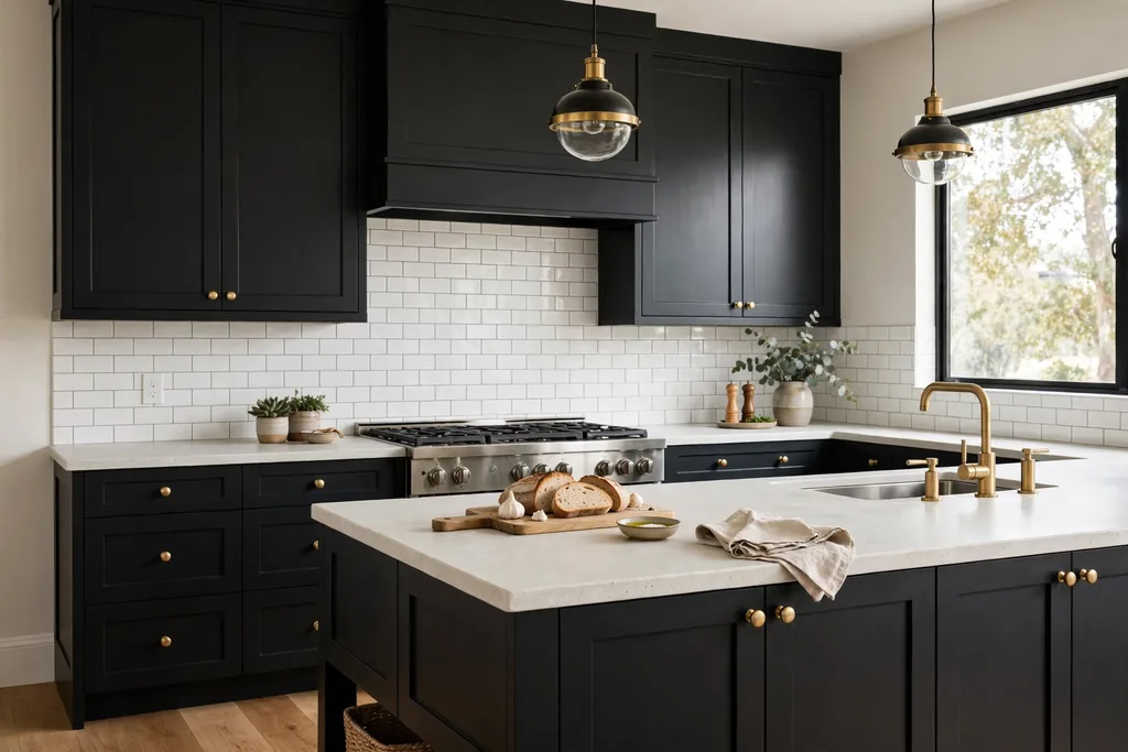 Kitchen with matte black shaker cabinets, brass knobs, and white subway tile.