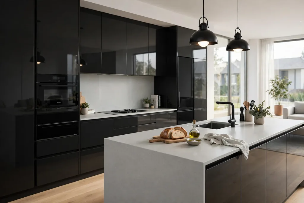 Modern kitchen with high-gloss black handleless cabinets and pale counters.