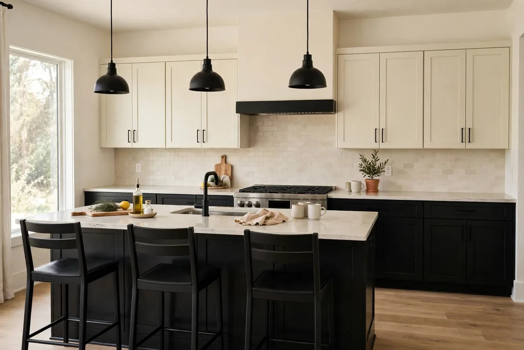 Kitchen with black lower cabinets, pale upper cabinets, and a light counter.