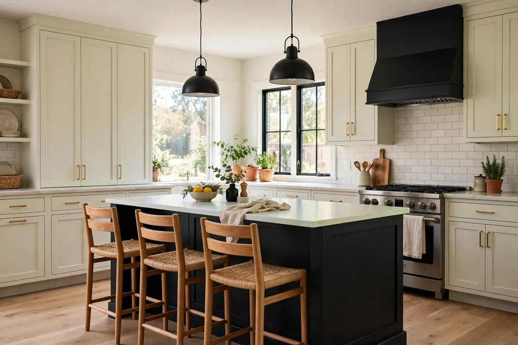 Kitchen with a black island, pale counter, and pale perimeter cabinets.