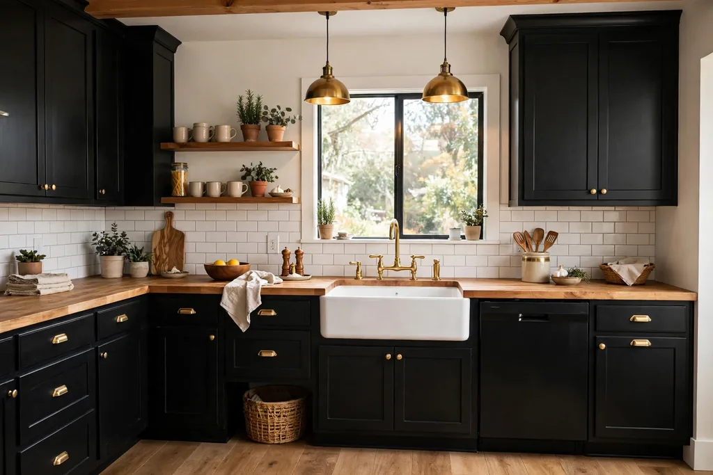 Kitchen with black cabinets, butcher block counters, and a farmhouse sink.