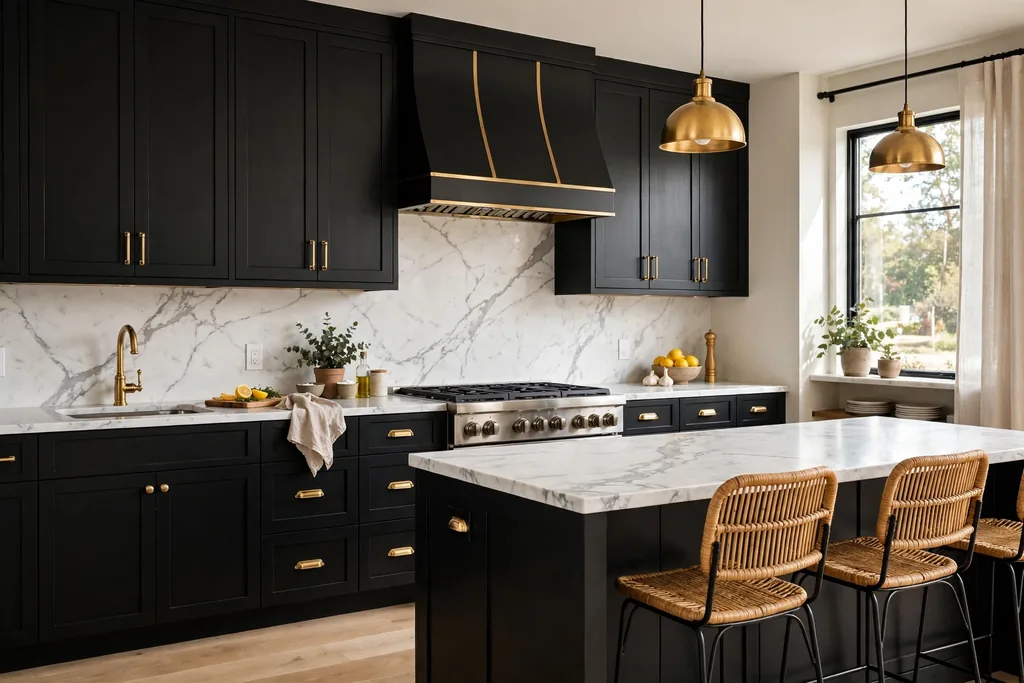 Kitchen with black cabinets, white marble counters, and brass hardware.