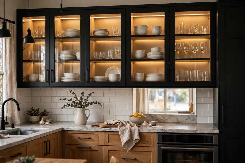 Kitchen with black glass-front cabinets displaying white dishes.