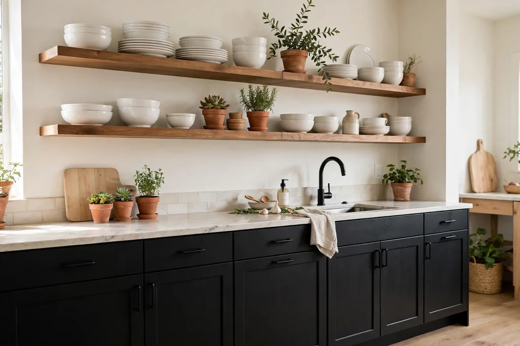 Kitchen with black cabinets and open wood shelves holding dishes.