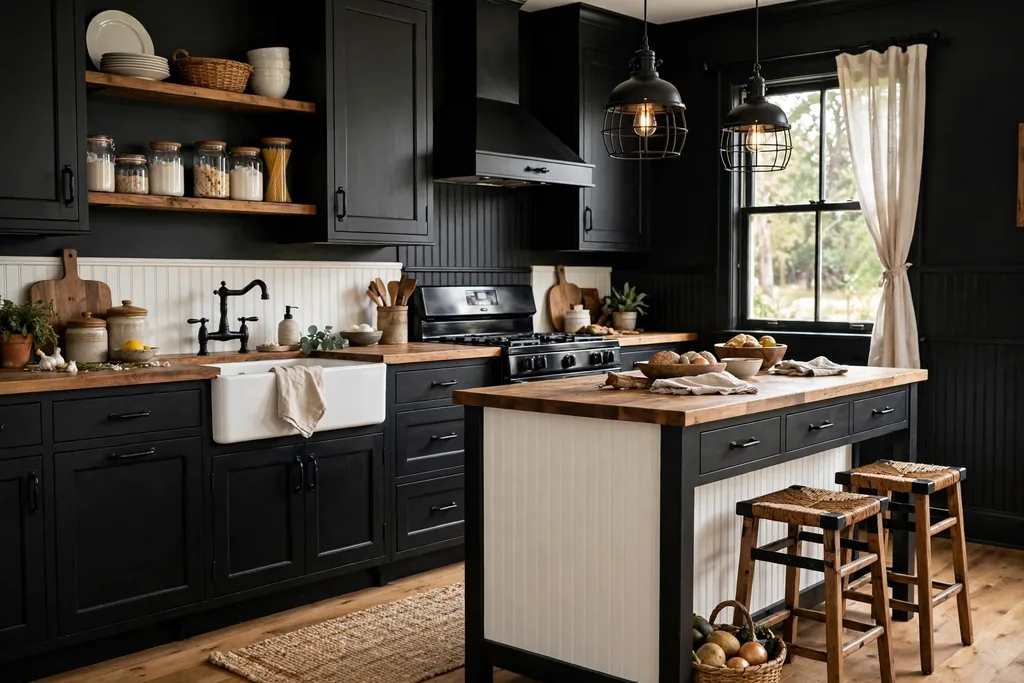 Black farmhouse kitchen with a white apron sink and wood accents.