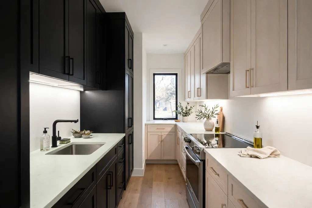 Galley kitchen with black cabinets on one side and pale cabinets opposite.