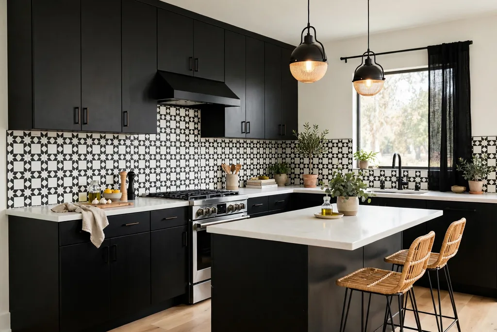 Kitchen with black cabinets and a patterned tile backsplash.