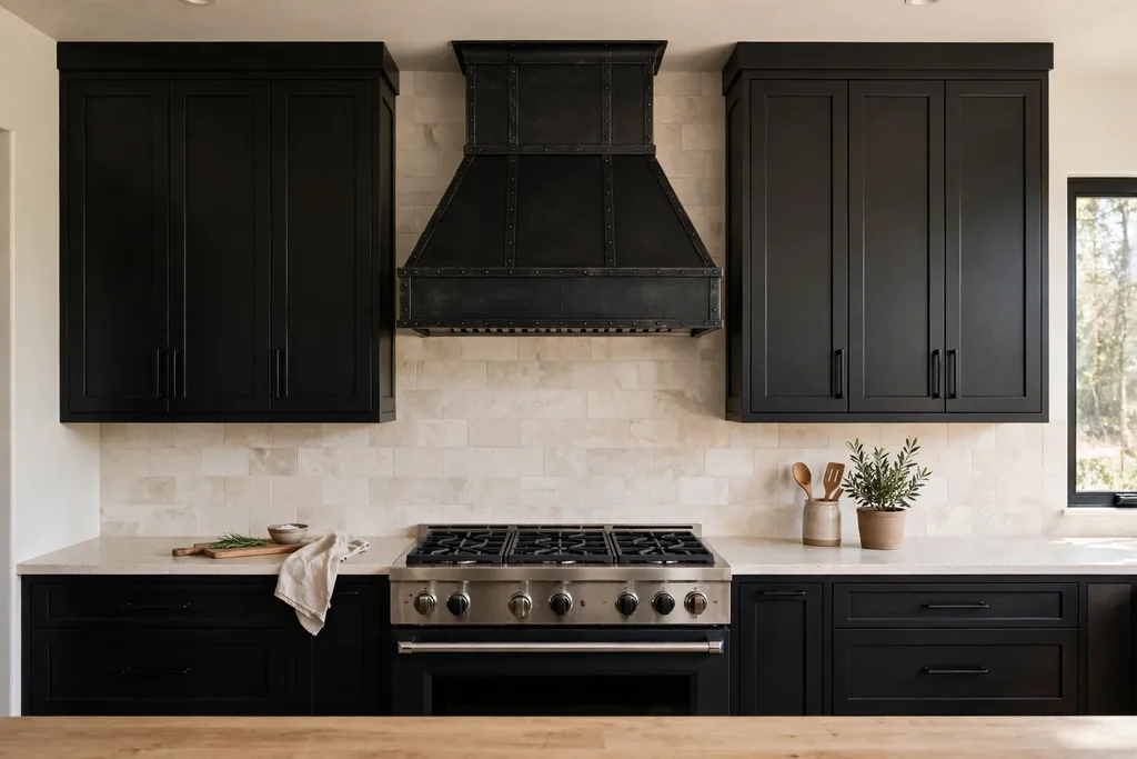 Kitchen with black cabinets and a statement black range hood.